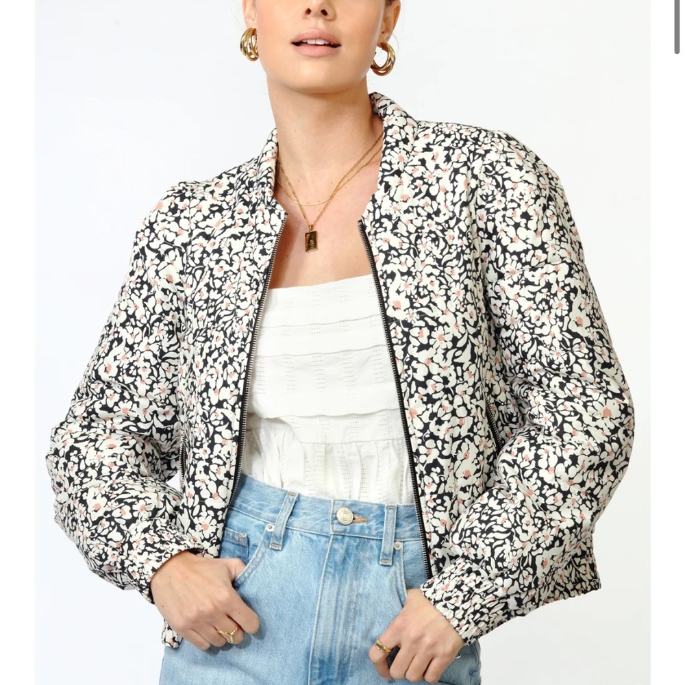 Floral Black and White Women's Bomber Jacket- Gracie Puff Sleeve Bomber Jacket